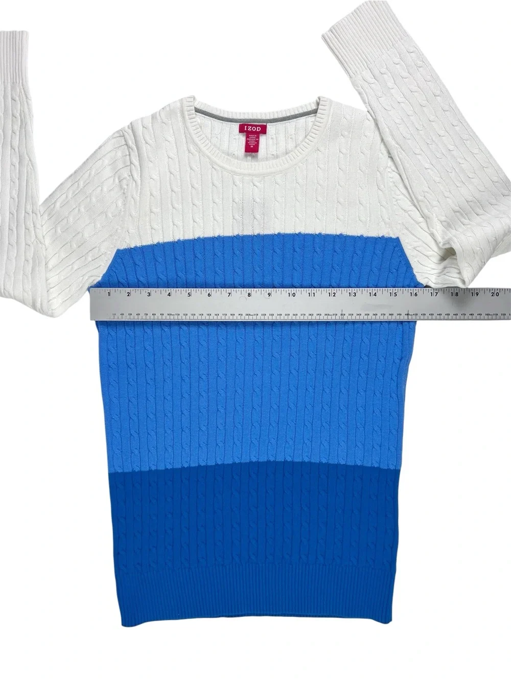 IZOD Women's Cable Knit Color Block Blue Cream Long Sleeve Sweater Size Medium